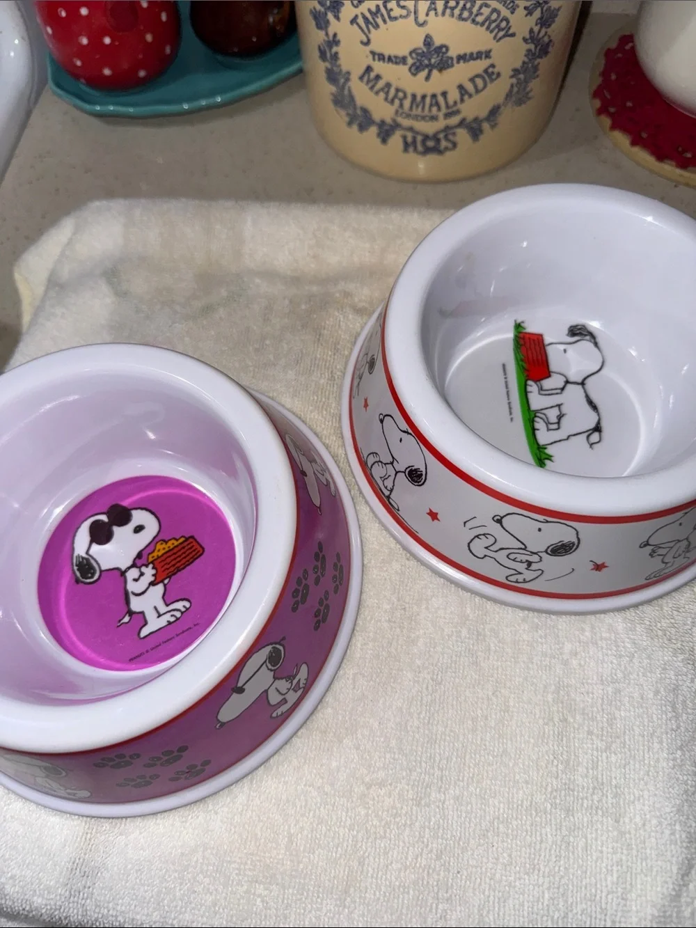 Peanuts melamine Dog Bowls Set - Purple and White with Snoopy Design
